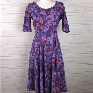 🌸 LuLaRoe Nicole Dress Floral Spring A-Line Sz L Purple & Red Flowers Comfy 🌸